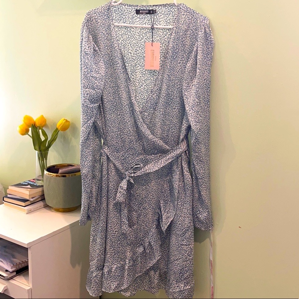 Missguided Puff Sleeve Ruffle Hem Wrap Dress